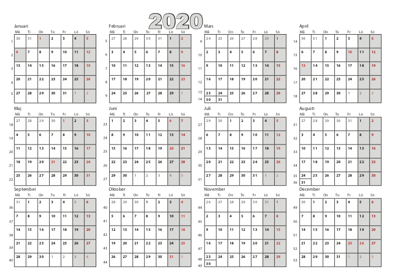 Veckor 2020 kalender